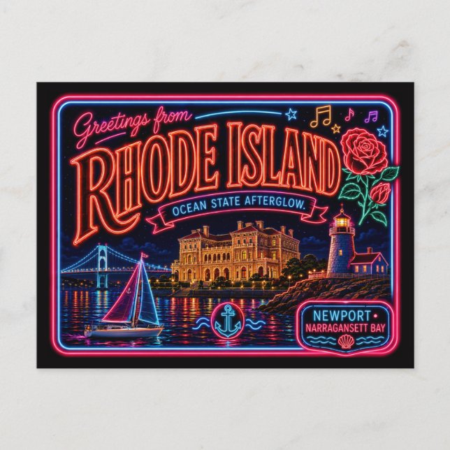Postal Isla de Rhode Neon Estado Retro Vintage (Anverso)