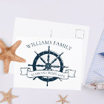 Postal Isla de vacaciones náuticas de crucero personaliza<br><div class="desc">Postal de verano personalizado de moda para su crucero en el océano con un volante de barco azul marino. Este diseño de temática náutica es perfecto para su viaje especial. Personaliza con tu apellido y año.</div>
