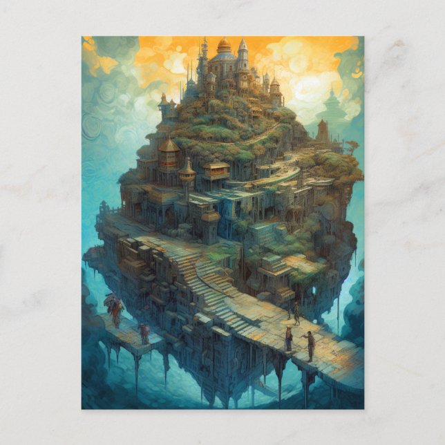 Postal Isla Flotante Surreal Castle Fantasy Art (Anverso)