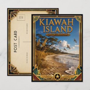 Postal Isla Kiawah Carolina del Sur Arte Deco Vintage Oro