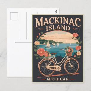 Postal Isla Mackinac con flores en bicicleta