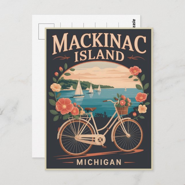 Postal Isla Mackinac con flores en bicicleta (Anverso / Reverso)