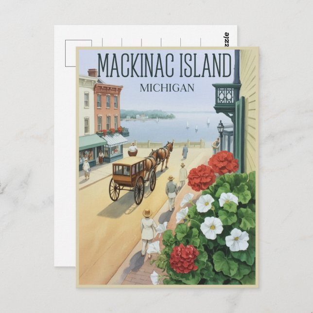 Postal Isla Mackinac de Michigan con regalo de flores (Anverso / Reverso)