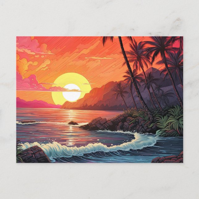 Postal Isla paraíso de playa tropical al atardecer (Anverso)