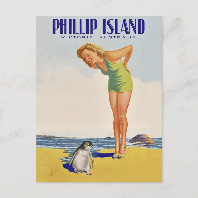 Postal Isla Philip, Australia, chica con pingüino (Anverso)