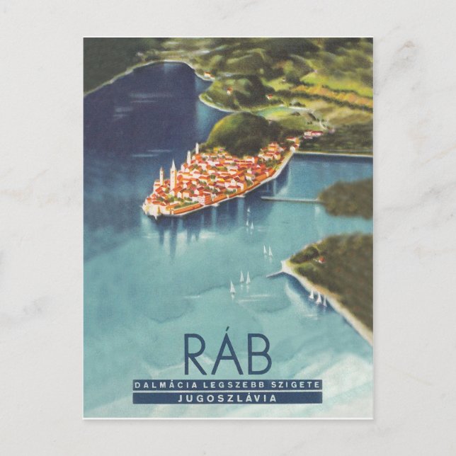Postal Isla Rab, Dalmacia, Croacia, cartel de viaje vinta (Anverso)