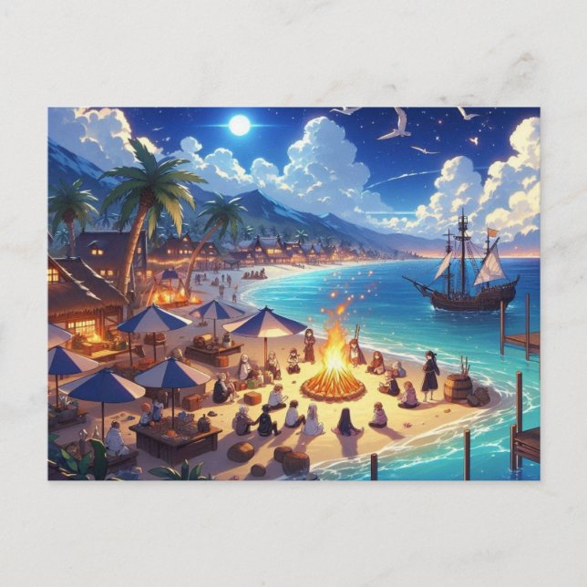 Postal Isla tropical de estilo anime con hoguera y barco (Anverso)