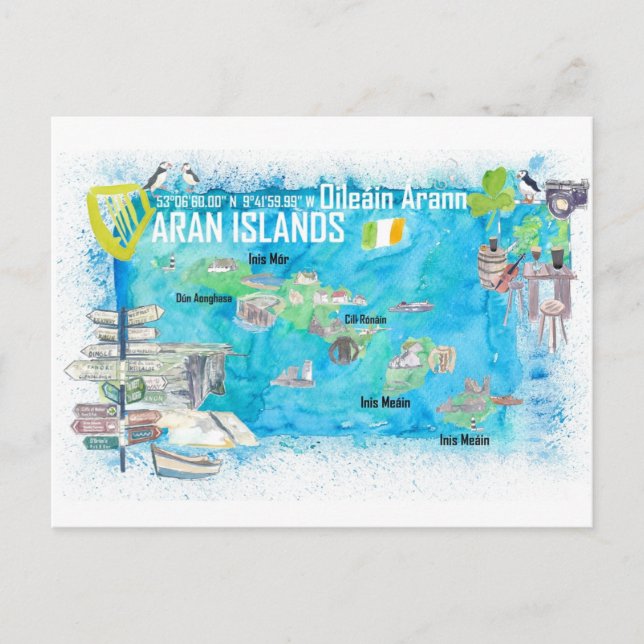 Postal Islas Aran Irlanda Ilustración Mapa de viajes (Anverso)