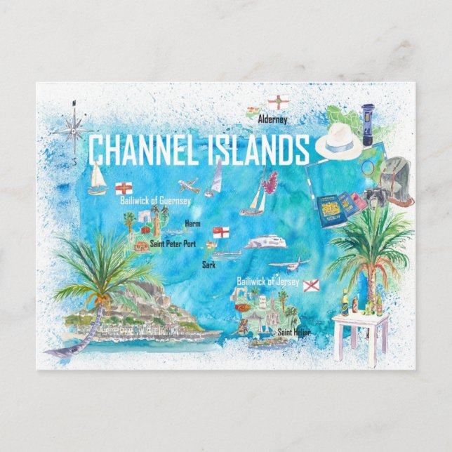 Postal Islas del Canal Guernsey Jersey Alderney Mapa (Anverso)