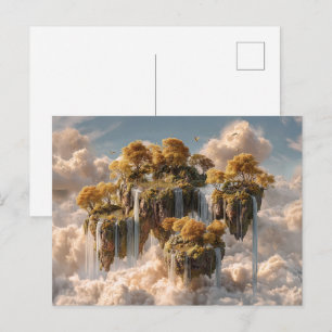 Postal Islas flotantes surrealistas con árboles dorados