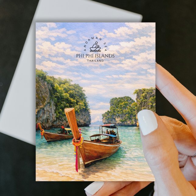Postal Islas Phi Phi, Mar de Andamán | Playa de acuarela (Phi Phi Islands, Andaman Sea | Watercolor Beach Postcard)
