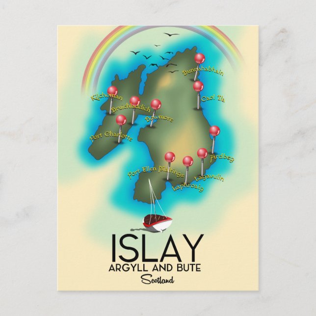 Postal Islay, Hébridas interiores, mapa de escocia, arte  (Anverso)