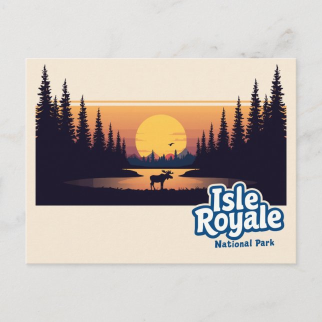 Postal Isle Royale Moose Sunset Vintage Art (Anverso)