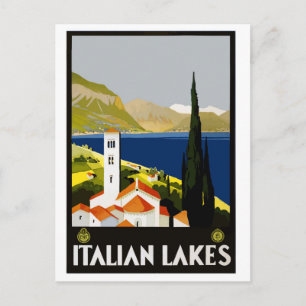 Postal Italia, lagos italianos, ilustracion, viajes vinta