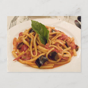 Postal Italia, Positano. Platos de pasta y berenjena.