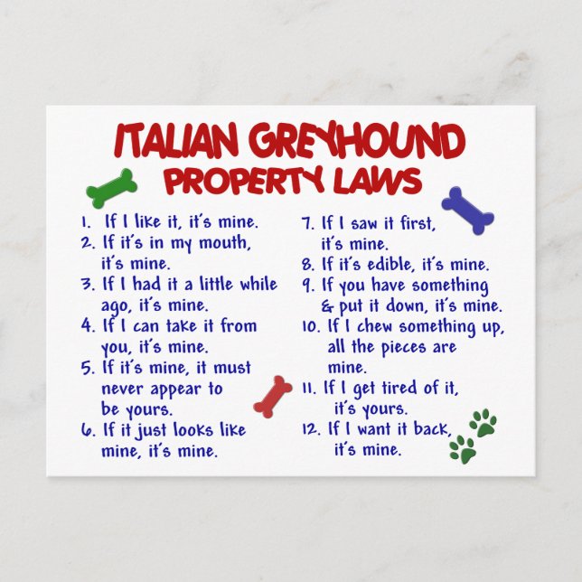 Postal ITALIANA GREYHOUND Property Laws (Anverso)