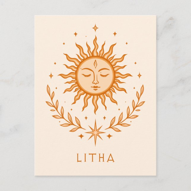 Postal itha Celestial Sun Face Botanical Wreath Art (Anverso)