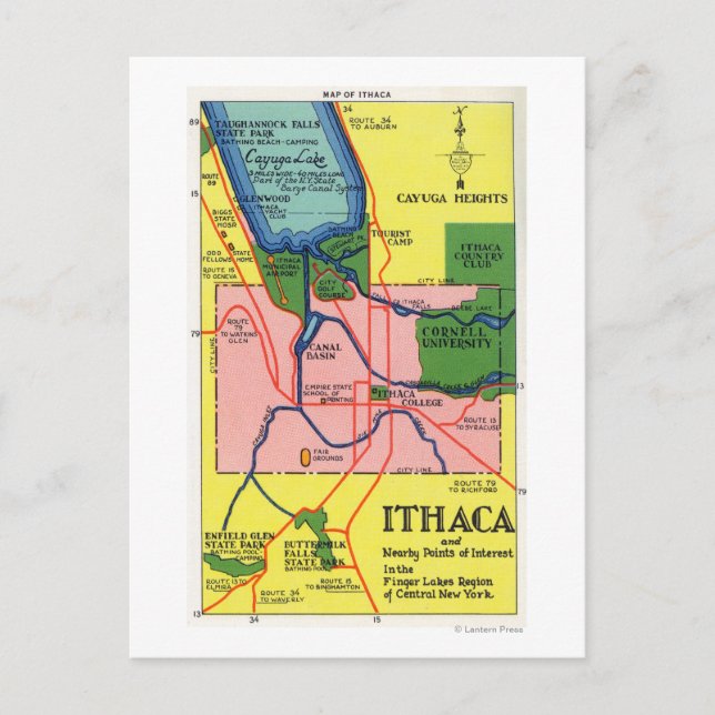 Postal Ithaca y los puntos de interés cercanos (Anverso)