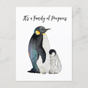 Postal It's a family of penguins watercolor drawing