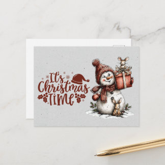 Postal It's Christmastime Snowman Holding Gift and Mouse