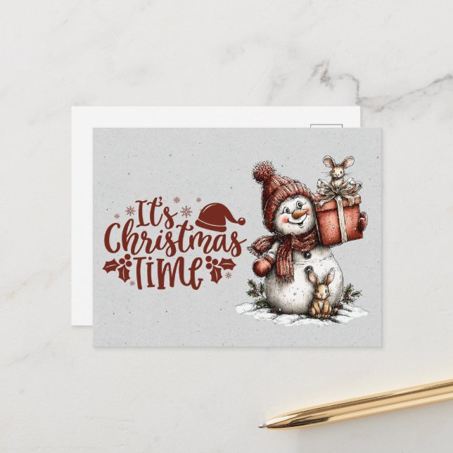 Postal It's Christmastime Snowman Holding Gift and Mouse (Anverso/Reverso In Situ)