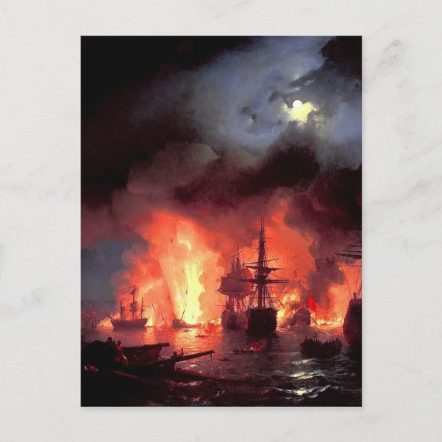 Postal Ivan Aivazovsky - Batalla del Cesme de noche (Anverso)