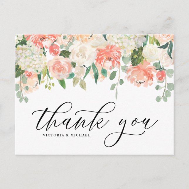 Postal Ivory Peach Peony y Hydrangea Boda Gracias (Anverso)