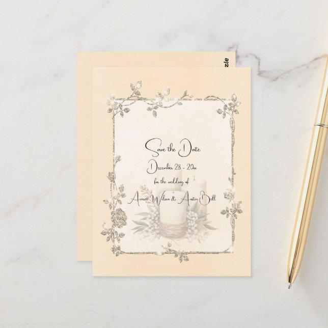Postal Ivory Shiny Elegant Sparkly Save the Date (Anverso/Reverso In Situ)