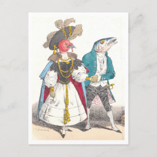 Postal J.J. Grandville Ilustracion de Pájaros y Peces