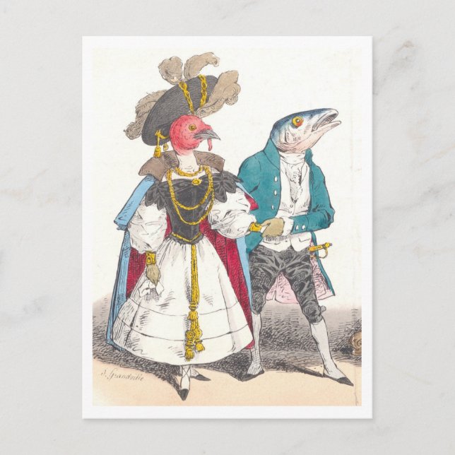 Postal J.J. Grandville Ilustracion de Pájaros y Peces (Anverso)