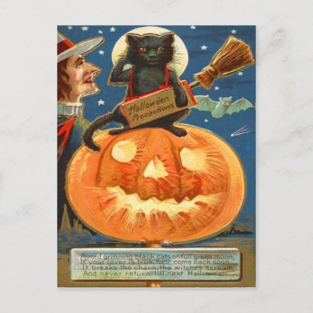 Postal Jack O Lantern Black Cat Witch Bate (Anverso)