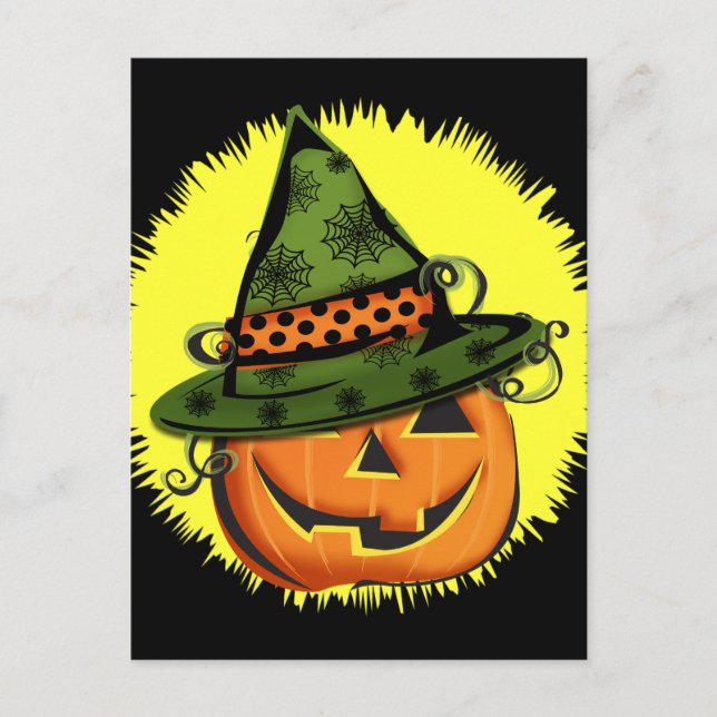 Postal Jack-O-Lantern en Gorra de brujas (Anverso)