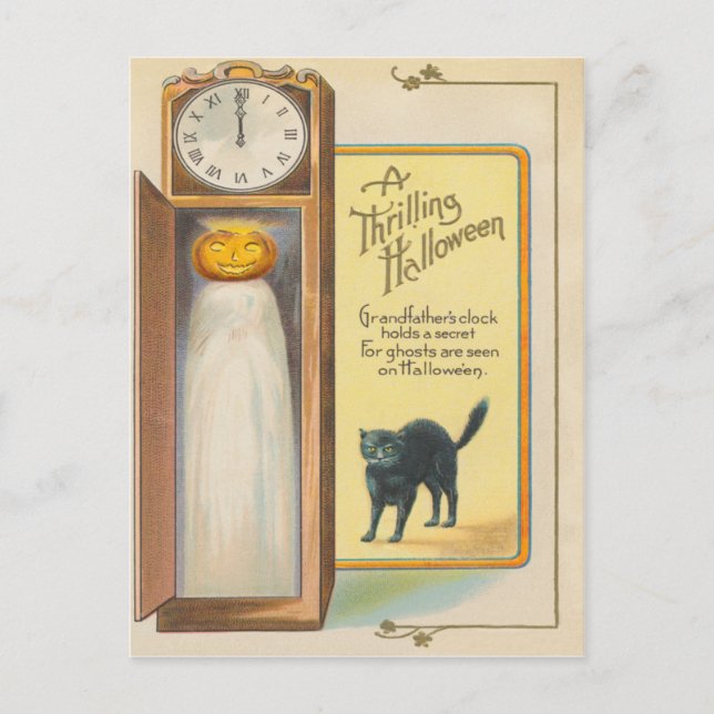 Postal Jack O Lantern Fantasma Gato Negro Reloj de Abuelo (Anverso)