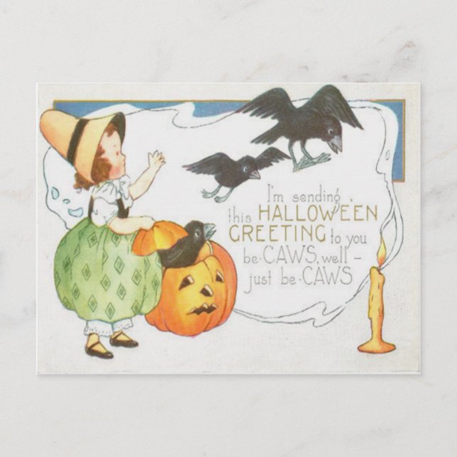 Postal Jack O Lantern Pumpkin Ghost Crow Candle Chica (Anverso)