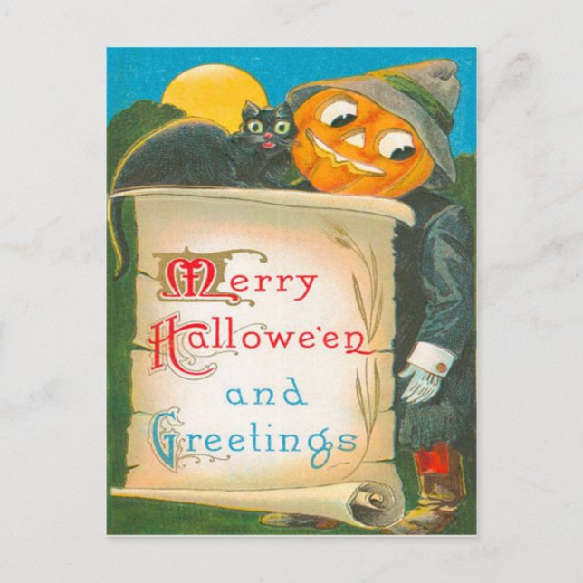 Postal Jack O Lantern Scarecrow Black Cat (Anverso)