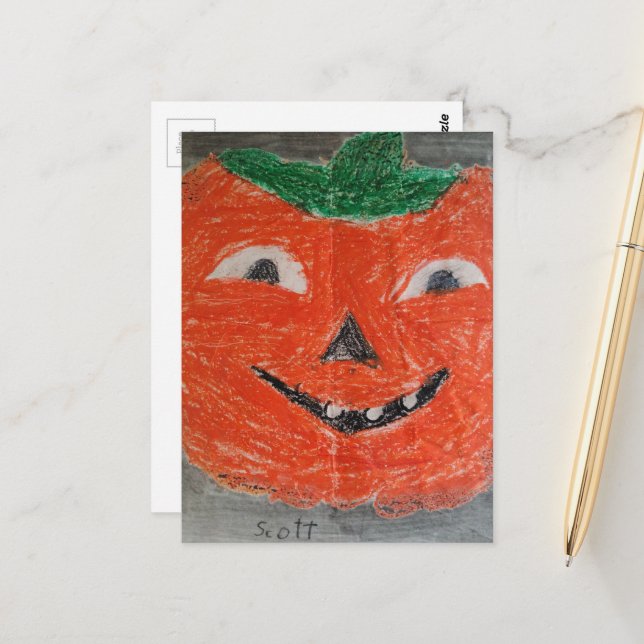 Postal Jack-O-Lantern Vintage Childs Drawing (Anverso/Reverso In Situ)
