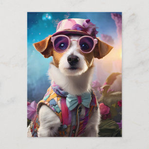 Postal Jack Russell, anteojos rosados y gorra rosa