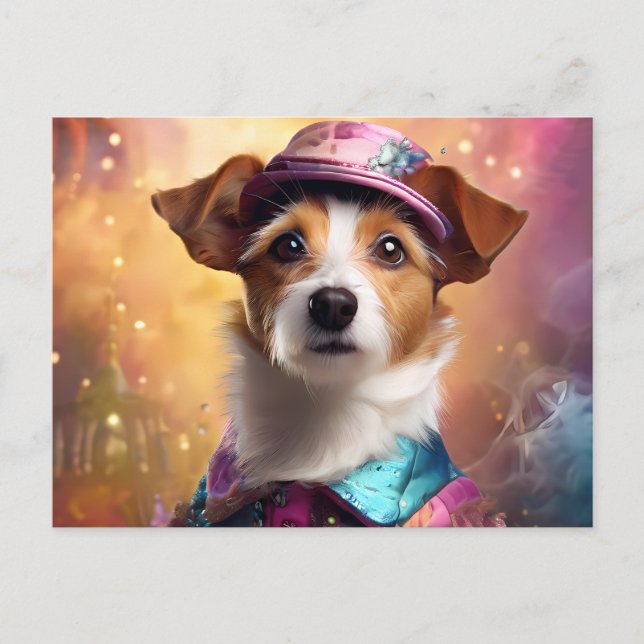 Postal Jack Russell en un disfraz vibrante (Anverso)