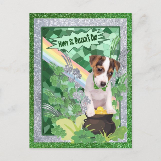 Postal Jack Russell Puppy Número 1 Feliz Día de St Patron (Anverso)