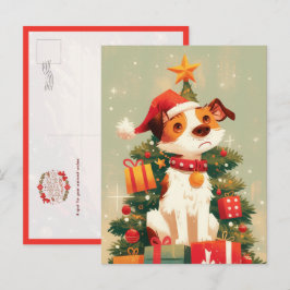 Postal Jack Russell Terrier con árbol de Navidad y regalo