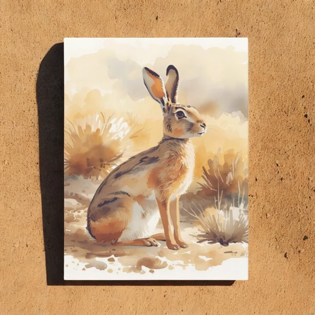 Postal Jackrabbit en el pincel del desierto en el suroest (Watercolor jackrabbit postcard)