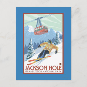 Postal Jackson Hole, esquiador de Wyoming y tranvía