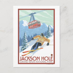 Postal Jackson Hole, esquiador Wyoming y tranvía