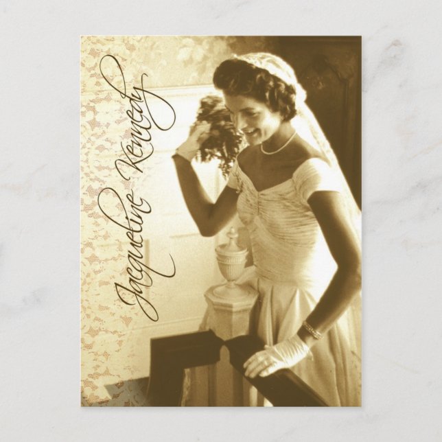 Postal Jacqueline Kennedy tirando su ramo boda (Anverso)