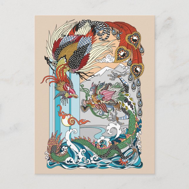 Postal Jade Dragon y Gold Phoenix jugando con una perla (Anverso)