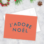 Postal J'adore Noel | Navidades de amor modernos rojo y n<br><div class="desc">Sencillo y elegante J'adore Noel" cita postales de arte vacacional con tipografía moderna y minimalista en azul marino sobre un fondo de coral rojo en un estilo festivo de moda. La cita se traduce como "Amo a los navidades" en francés. El accesorio de regalo perfecto para la temporada de Navidad....</div>