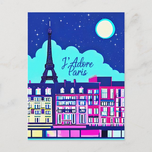Postal J'adore Paris - Fantasía en París bajo una luna ll (Anverso)