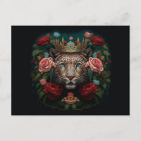 Jaguar con corona en pintura de flores