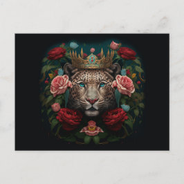 Postal Jaguar con corona en pintura de flores