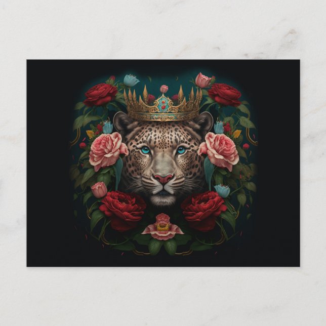 Postal Jaguar con corona en pintura de flores (Anverso)